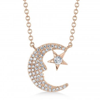 Diamond Crescent Moon & Star Pendant Necklace 14K Rose Gold (0.16ct)