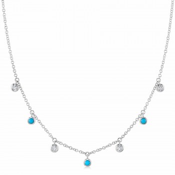 Diamond & Turquoise Station Necklace 14K White Gold (0.22ct)