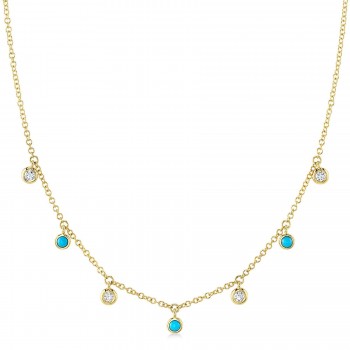 Diamond & Turquoise Station Necklace 14K Yellow Gold (0.22ct)