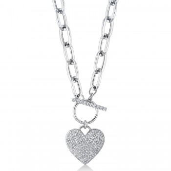 Diamond Pave Heart Paper Clip Link Pendant Necklace 14K White Gold (0.50ct)