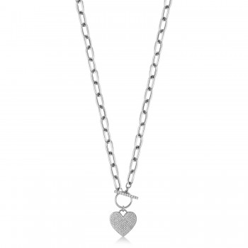 Diamond Pave Heart Paper Clip Link Pendant Necklace 14K White Gold (0.50ct)