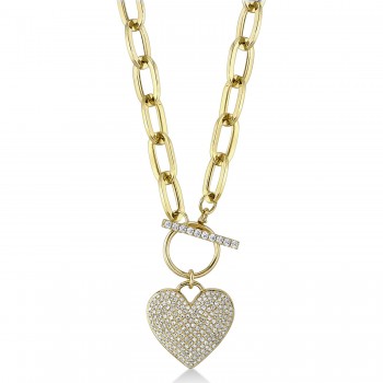 Diamond Pave Heart Paper Clip Link Pendant Necklace 14K Yellow Gold (0.50ct)