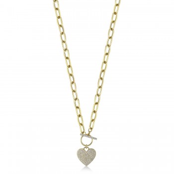Diamond Pave Heart Paper Clip Link Pendant Necklace 14K Yellow Gold (0.50ct)
