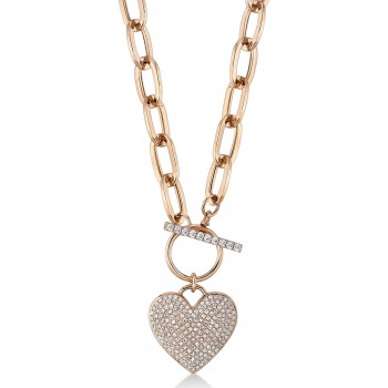 Diamond Pave Heart Paper Clip Link Pendant Necklace 14K Rose Gold (0.50ct)