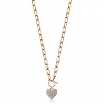 Diamond Pave Heart Paper Clip Link Pendant Necklace 14K Rose Gold (0.50ct)