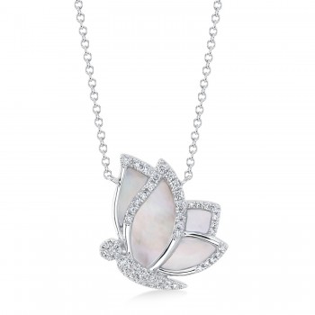 Diamond & Mother Of Pearl Butterfly Pendant Necklace 14K White Gold (1.31ct)