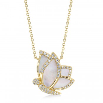 Diamond & Mother Of Pearl Butterfly Pendant Necklace 14K Yellow Gold (1.31ct)