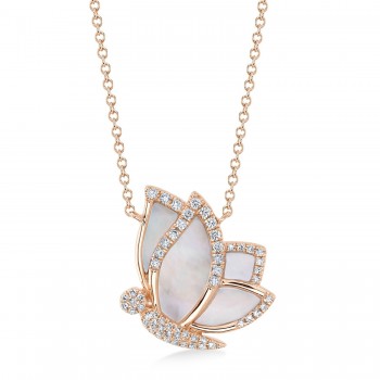 Diamond & Mother Of Pearl Butterfly Pendant Necklace 14K Rose Gold (1.31ct)
