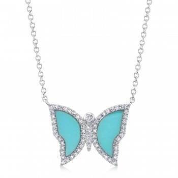 Diamond & Composite Turquoise Butterfly Pendant Necklace 14K White Gold (1.03ct)