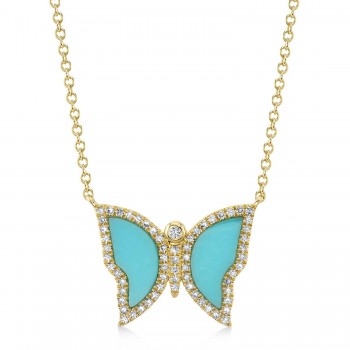 Diamond & Turquoise Butterfly Pendant Necklace 14K Yellow Gold (1.03ct)