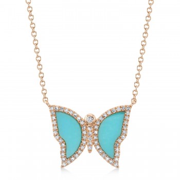 Diamond & Turquoise Butterfly Pendant Necklace 14K Rose Gold (1.03ct)