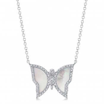 Diamond & Mother Of Pearl Butterfly Pendant Necklace 14K White Gold (0.99ct)