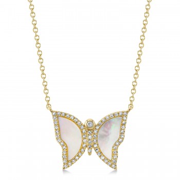 Diamond & Mother Of Pearl Butterfly Pendant Necklace 14K Yellow Gold (0.99ct)