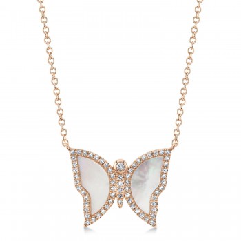 Diamond & Mother Of Pearl Butterfly Pendant Necklace 14K Rose Gold (0.99ct)