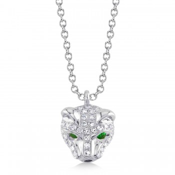 Diamond w/Emerald Panther Pendant Necklace 14K White Gold (0.14ct)