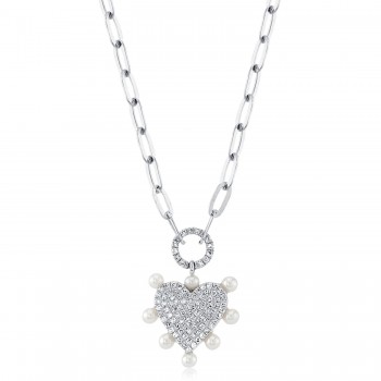 Diamond Cultured Pearl Paper Clip Heart Pendant Necklace 14K White Gold (0.22ct)
