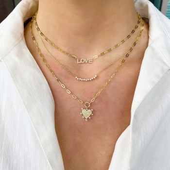 Diamond Cultured Pearl Paper Clip Heart Pendant Necklace 14K Yellow Gold (0.22ct)