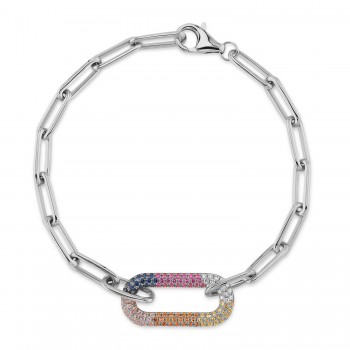 Diamond & Multi-color Pave Bracelet in 14k White Gold Paper Clip Link (0.69ct)