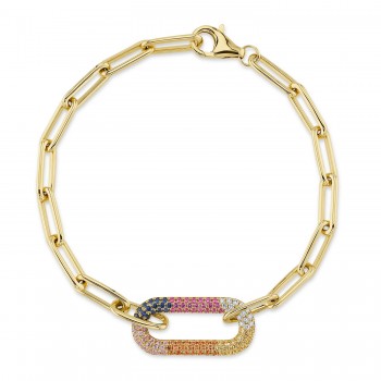 Diamond & Multi-color Pave Bracelet in 14k Yellow Gold Paper Clip Link (0.69ct)