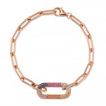 Diamond & Multi-color Pave Bracelet in 14k Rose Gold Paper Clip Link(0.69ct)