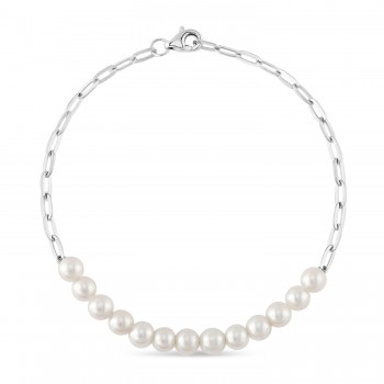 Cultured Pearl Paper Clip Link Bracelet 14k White Gold (4.0-5.0mm)