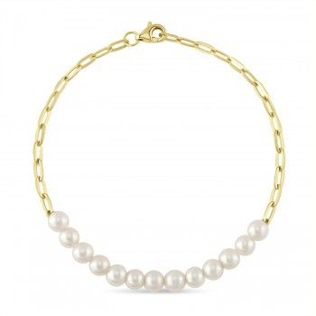 Cultured Pearl Paper Clip Link Bracelet 14k Yellow Gold (4.0-5.0mm)