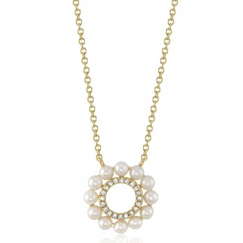 Diamond & Cultured Pearl Circle Pendant Necklace 14K Yellow Gold (0.05ct)
