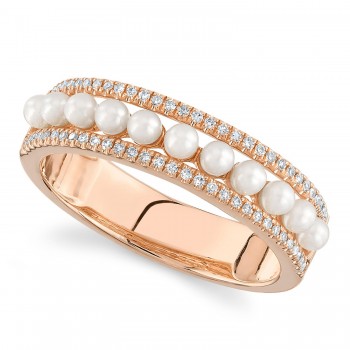 Diamond & Cultured Pearl Band Ring 14K Rose Gold (0.14ct)