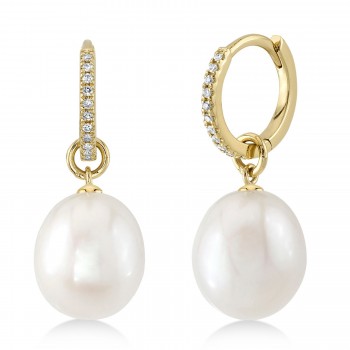 Diamond & Cultured Pearl Huggie Drop Earrings 14K Yellow Gold (0.06ct)