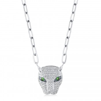 Diamond & Green Garnet Panther Paper Clip Link Necklace 14K White Gold (0.56ct)