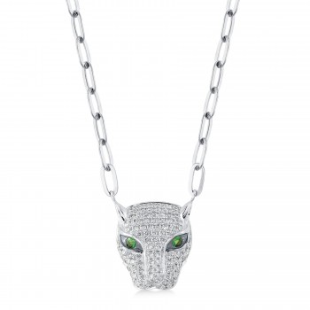 Diamond & Green Garnet Panther Paper Clip Link Pendant Necklace 14K White Gold (0.56ct)