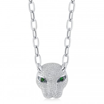 Diamond & Green Garnet Panther Paper Clip Link Pendant Necklace 14K White Gold (3.53ct)