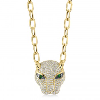 Diamond & Green Garnet Panther Paper Clip Link Necklace 14K Yellow Gold (3.53ct)