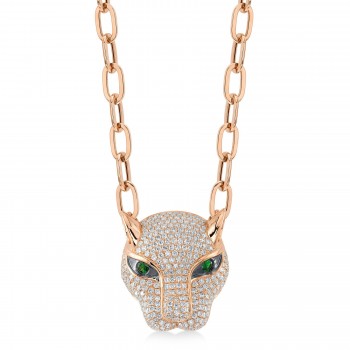 Diamond & Green Garnet Panther Paper Clip Link Necklace 14K Rose Gold (3.53ct)