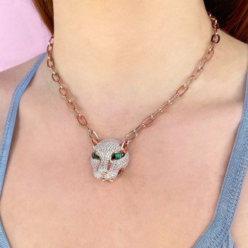 Diamond & Green Garnet Panther Paper Clip Pendant Necklace 14K Rose Gold (3.53ct)