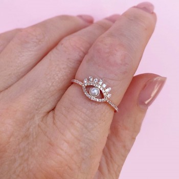 Diamond & Cultured Pearl Eye Ring 14K Rose Gold (0.20ct)