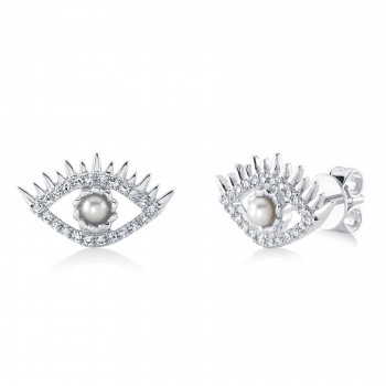 Diamond & Cultured Pearl Eye Stud Earrings 14K White Gold (0.12ct)