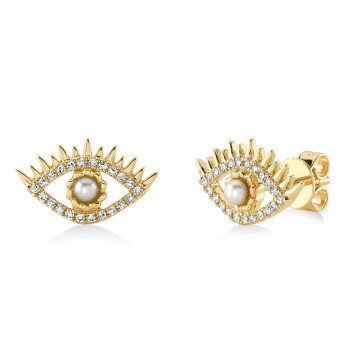 Diamond & Cultured Pearl Eye Stud Earrings 14K Yellow Gold (0.12ct)