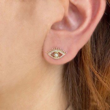 Diamond & Cultured Pearl Eye Stud Earrings 14K Yellow Gold (0.12ct)