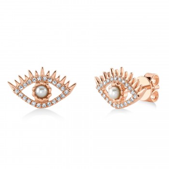 Diamond & Cultured Pearl Eye Stud Earrings 14K Rose Gold (0.12ct)
