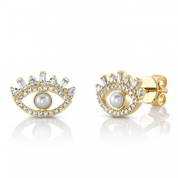 Diamond & Cultured Pearl Eye Stud Earrings 14K Yellow Gold (0.31ct)
