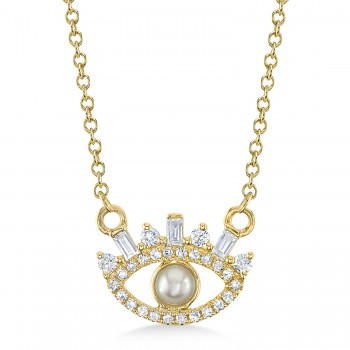 Diamond & Cultured Pearl Eye Pendant Necklace 14K Yellow Gold (0.16ct)