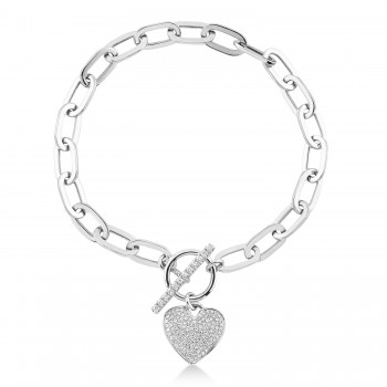 Diamond Pave Heart Paper Clip Link Bracelet 14K White Gold (0.41ct)