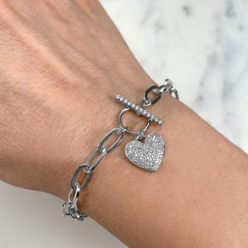 Diamond Pave Heart Paper Clip Link Bracelet 14K White Gold (0.41ct)