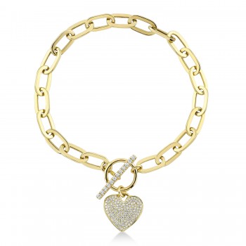 Diamond Pave Heart Paper Clip Link Bracelet 14K Yellow Gold (0.41ct)