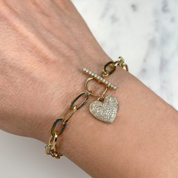 Diamond Pave Heart Paper Clip Link Bracelet 14K Yellow Gold (0.41ct)