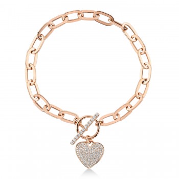 Diamond Pave Heart Paper Clip Link Bracelet 14K Rose Gold (0.41ct)