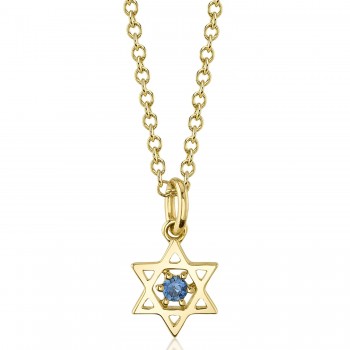 Blue Sapphire Jewish Star of David Petite Pendant Necklace 14K Yellow Gold (0.03ct)