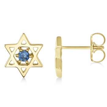 Blue Sapphire Jewish Star of David Petite Stud Earrings 14K Yellow Gold (0.03ct)