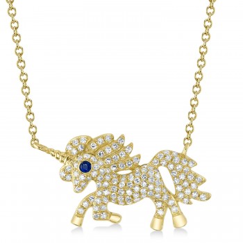 Diamond & Blue Sapphire Unicorn Pendant Necklace 14K Yellow Gold (0.30ct)